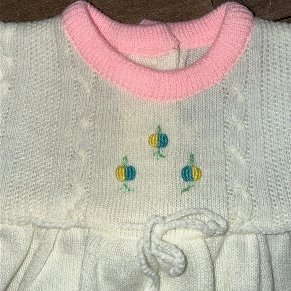 VTG Cradle Knit Baby Dress Cream & Pink Pointelle Knit w/ Floral Embroidery 9M